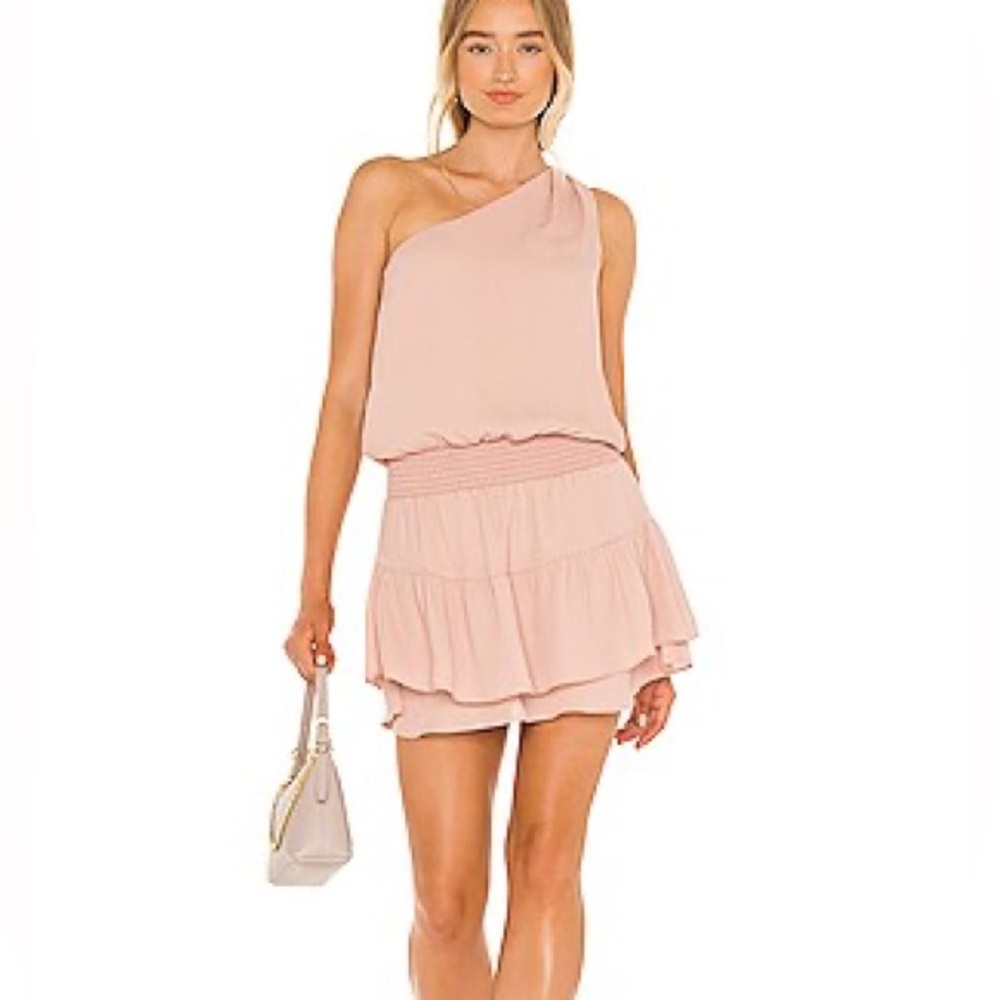 Krisa Women’s One-Shoulder dusty Pink Tiered Mini Dress from Revolve medium
